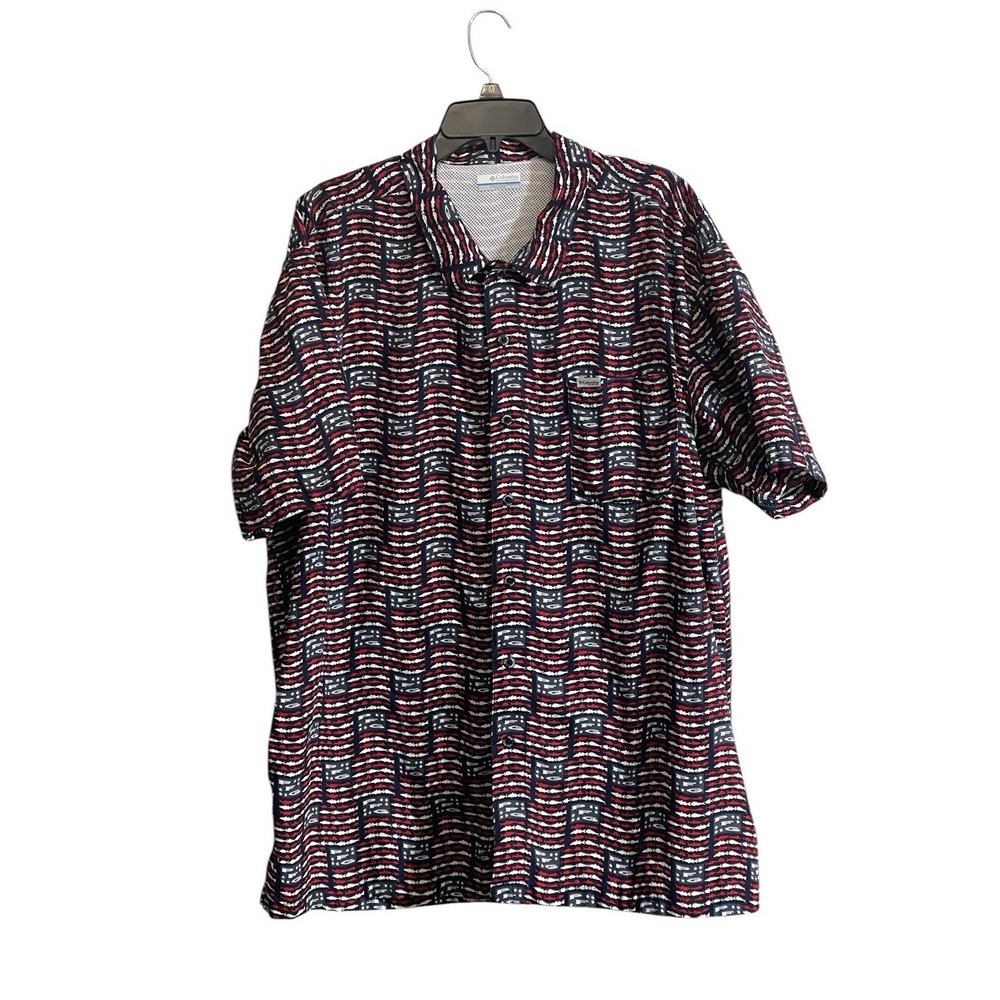 COLUMBIA Shirt 2XL Mens Short Sleeve Button Down Red White & Blue Vented Fish